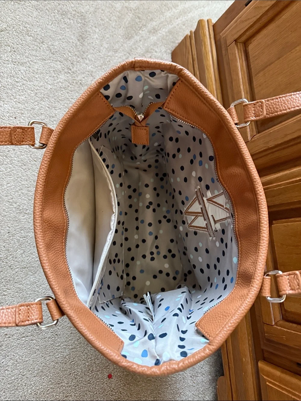 Navy & Tan Tote Bag with Lattice Pattern